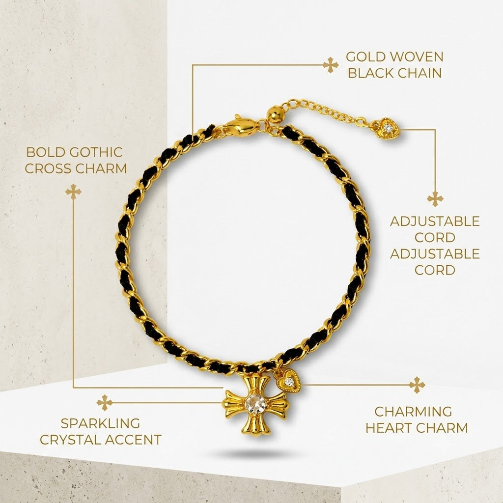 gold tone cross woven chain bracelet for women interwoven black thread braided cord gothic cross charm bracelet adjustable luxury aesthetic fashion jewelry gift