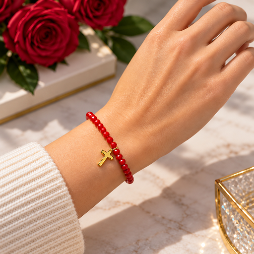 red faceted bead bracelet with gold-tone cross charm