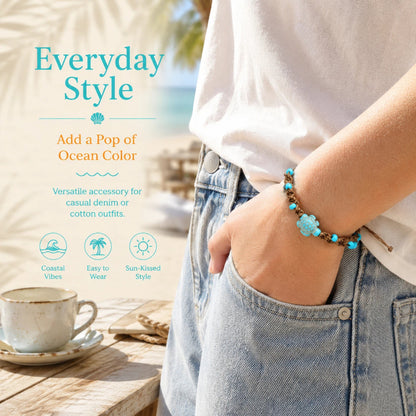 Handmade Turquoise Sea Turtle Bracelet for Women Men Bohemian Blue Bead Woven Rope Anklet Beach Ocean Wave Jewelry Adjustable Cord Marine Charms Gift