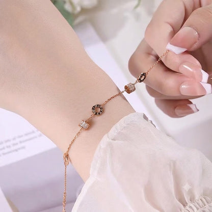 Rose Gold Tone Roman Numeral Bracelet for Women, Minimalist Interlocking Circles Small Waist Charm Bracelet, Crystal Pave Cubic Zirconia Dainty Chain Link Jewelry, Birthday Anniversary Gift for Girlfriend Mother Her