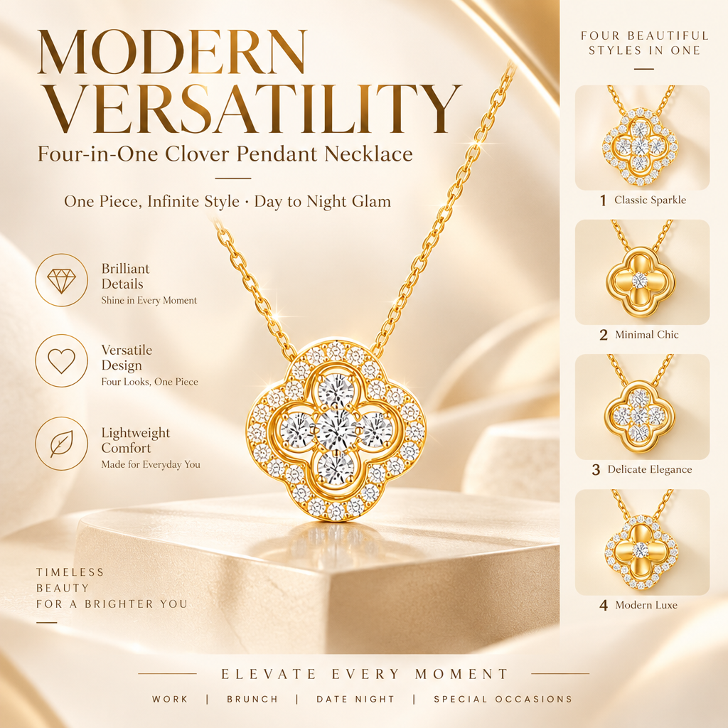 convertible four-leaf clover brass necklace for women – gold-plated lucky crystal pendant, dainty choker with adjustable link chain, valentine's day jewelry gift for her