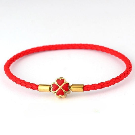 Red String Bracelet for Women Men Stainless Steel Four Leaf Clover Braided Leather Bracelet Lucky Protection Amulet Kabbalah Red Rope Wristband Friendship Jewelry Gift 8.3 Inches