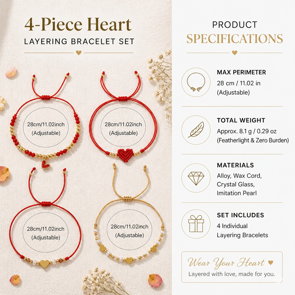 boho chic 4-piece red string & gold-tone heart bracelet stack | lightweight adjustable braided cord beaded charm bracelets set perfect for daily wear & gifting