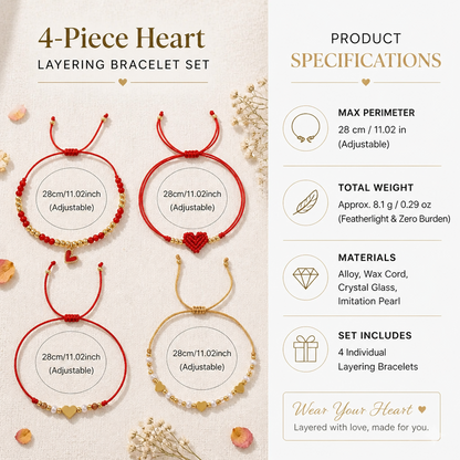 Boho Chic 4-Piece Red String & Gold-Tone Heart Bracelet Stack | Lightweight Adjustable Braided Cord Beaded Charm Bracelets Set Perfect for Daily Wear & Gifting