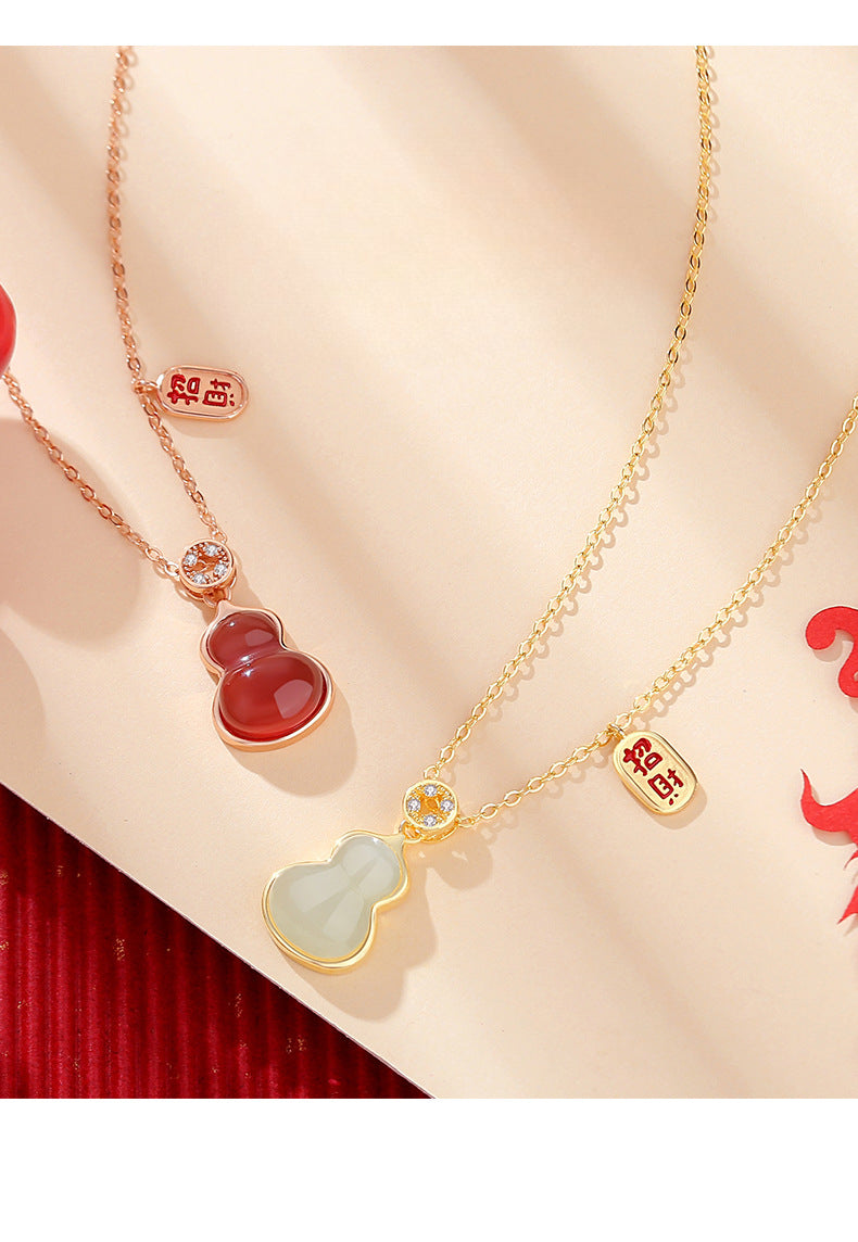 Stone Necklace - Chinese Gourd Pendant with Hetian Jade or Red Agate | STAR8S