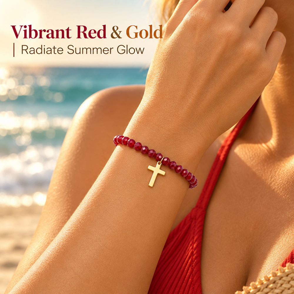red faceted bead bracelet with gold-tone cross charm