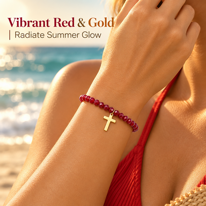 Red Faceted Bead Bracelet with Gold-Tone Cross Charm