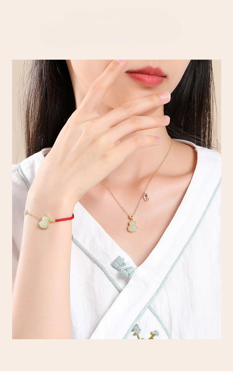 Stone Necklace - Chinese Gourd Pendant with Hetian Jade or Red Agate | STAR8S
