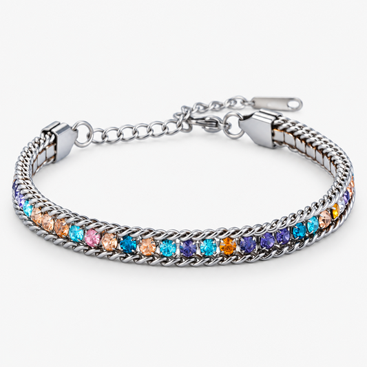 Rainbow Cuban-Style Chain Bracelet for Men and Women, Silver-Tone Double Chain Borders with Multicolor Faceted Accents, Lobster Clasp and 2 Inch Extension, 6.5 Inch Bracelet, 0.2 Inch Width, Colorful Statement Jewelry for Everyday Outfits and Parties