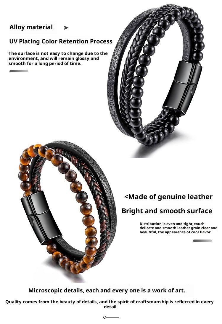 men’s stainless steel leather beaded bracelet – tiger’s eye, multi-layer wristband - star8s