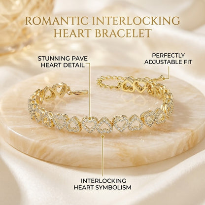 Gold Tone Heart Bracelet for Women Teen Girls Full Pavé Crystal Rhinestone Interlocking Heart Link Charm Bangle Adjustable Extension Chain Western Fashion Luxury Romantic Jewelry Anniversary Valentine Gift
