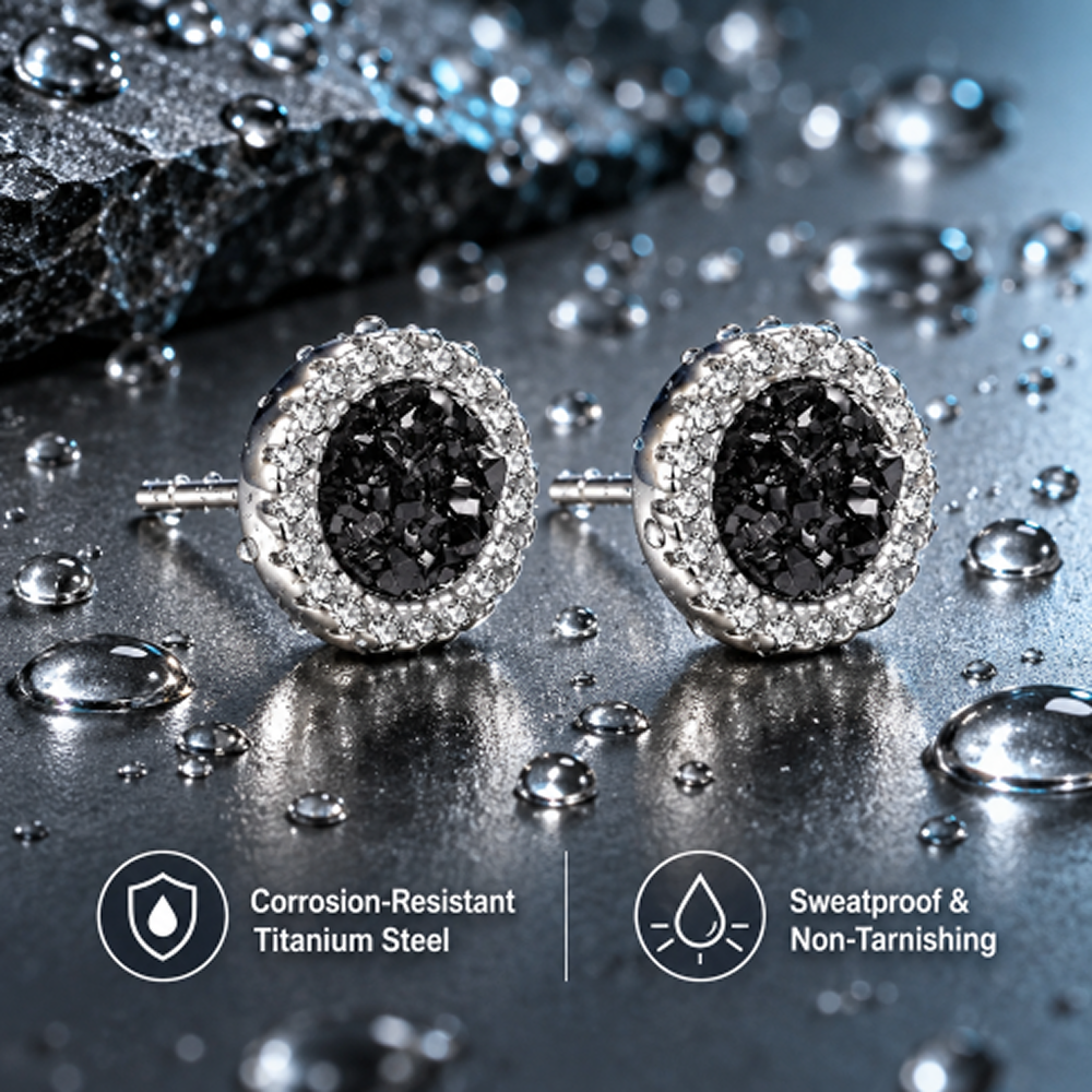 men's titanium steel black cluster stud earrings with clear round halo, 1 pair
