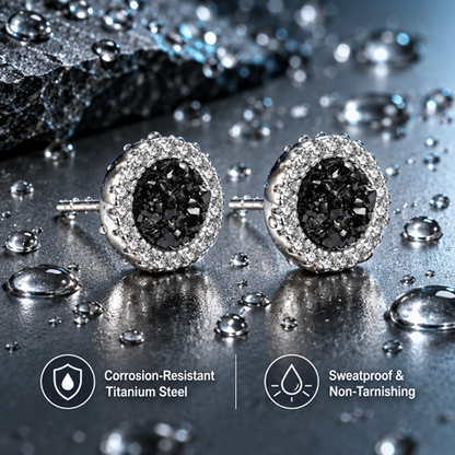 Men's Titanium Steel Black Cluster Stud Earrings with Clear Round Halo, 1 Pair