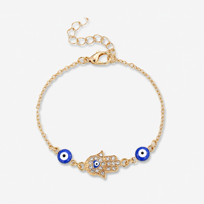 Protective Evil Eye Hamsa Bracelet - Gold-Plated Spiritual Talisman Wristband with Sparkling Diamonds & Heart Accents - Meaningful Mindfulness Blessing Gift for Her