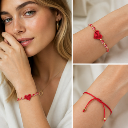Handmade Red String Bracelet for Women Girlfriend Couples Matching Woven Macrame Heart Charm Bracelet Crystal Beaded Adjustable Rope Anniversary Valentine's Day Romantic Love Jewelry Gift with Card