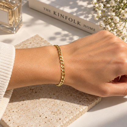 Gold-Tone Brass Figaro Chain Bracelet with Adjustable Extender
