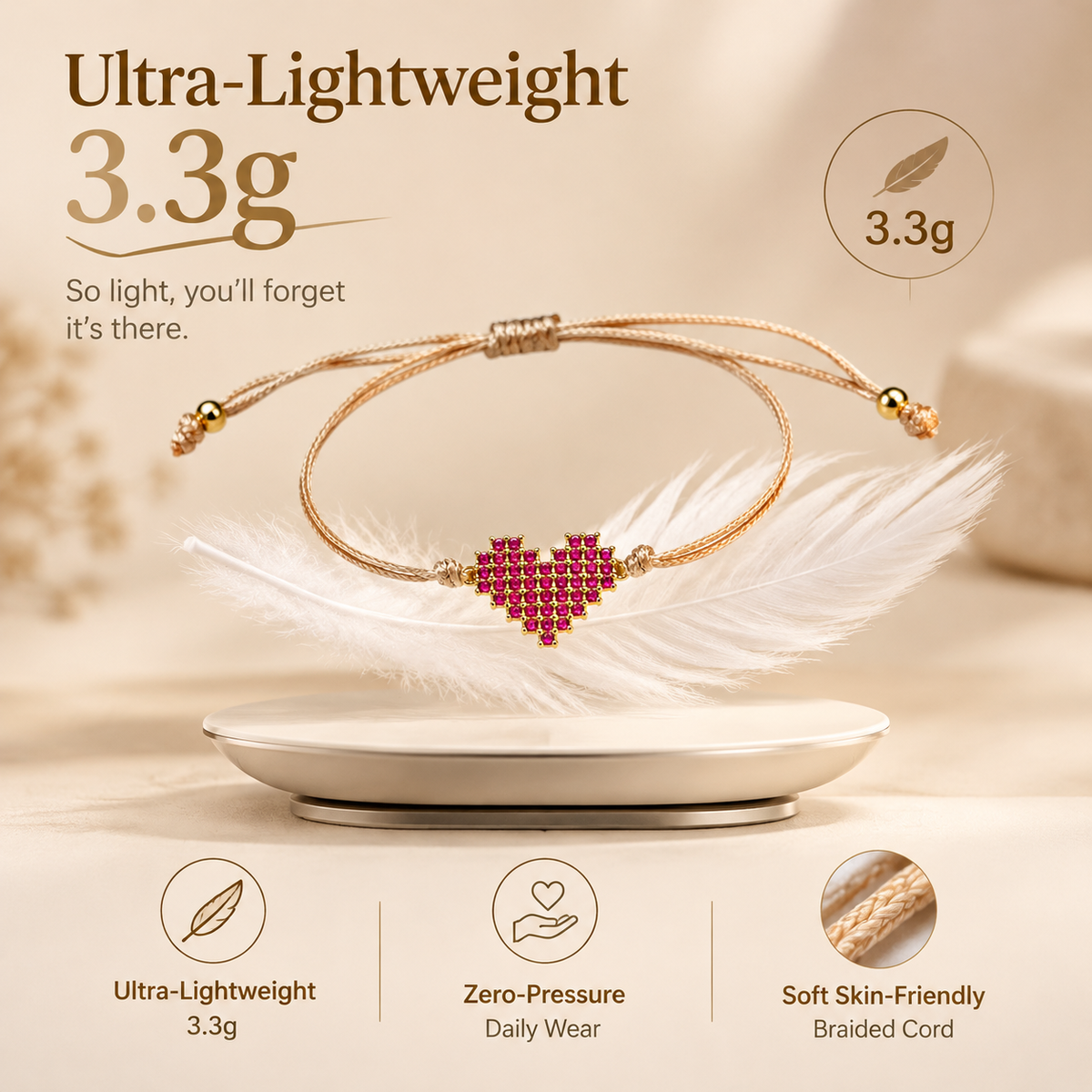 women's adjustable cord bracelet with sparkling pink heart and sliding knot