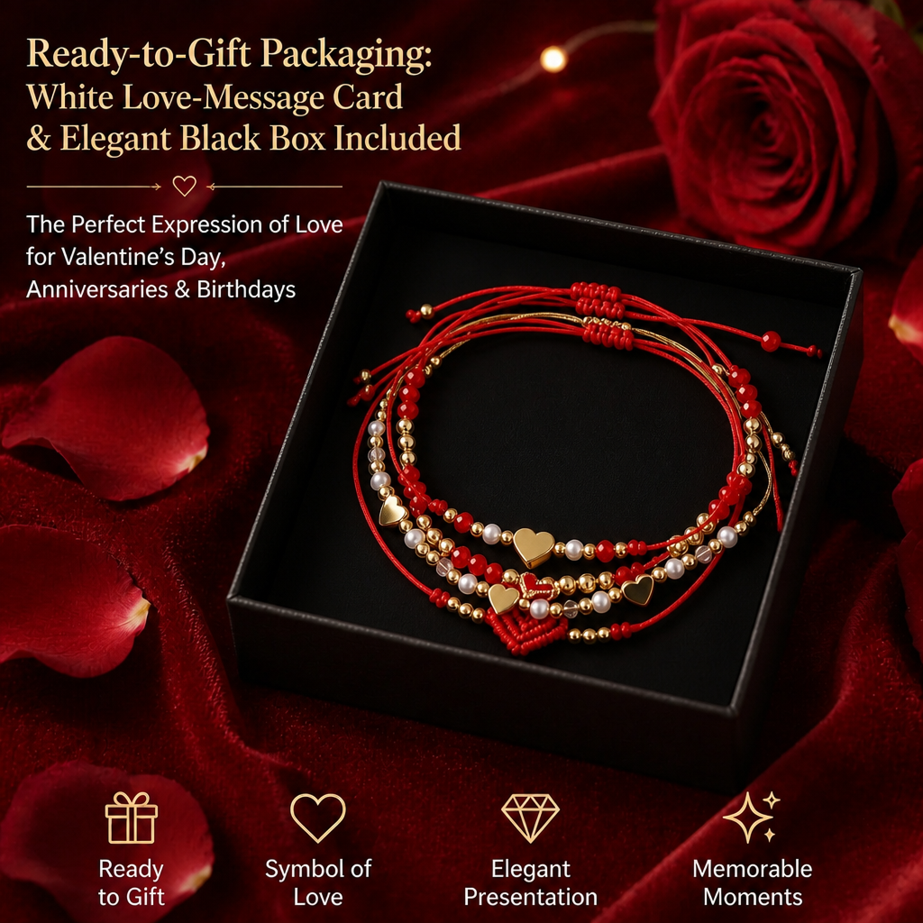 boho chic 4-piece red string & gold-tone heart bracelet stack | lightweight adjustable braided cord beaded charm bracelets set perfect for daily wear & gifting