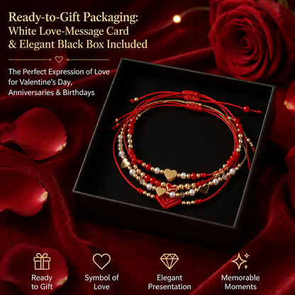 Boho Chic 4-Piece Red String & Gold-Tone Heart Bracelet Stack | Lightweight Adjustable Braided Cord Beaded Charm Bracelets Set Perfect for Daily Wear & Gifting