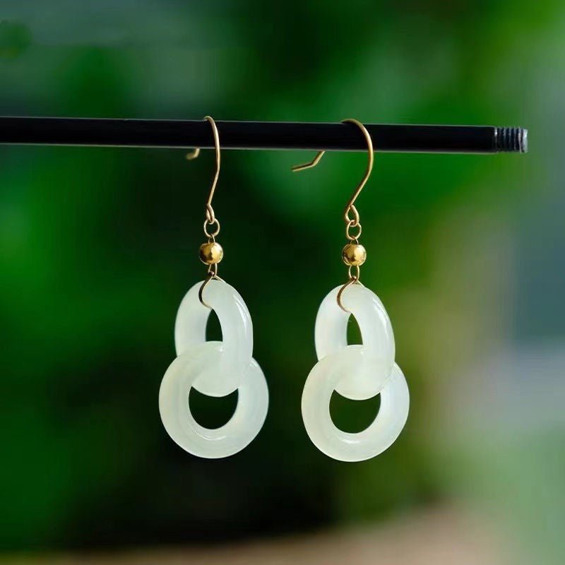 925 Silver Hetian Jade Interlocking Hoop Earrings – Classic Chinese Style, Gold - Plated Accents - STAR8S