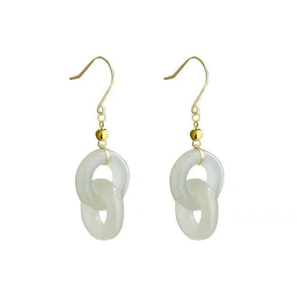 925 Silver Hetian Jade Interlocking Hoop Earrings – Classic Chinese Style, Gold - Plated Accents - STAR8S