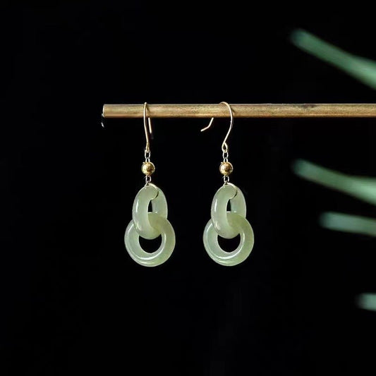 925 Silver Hetian Jade Interlocking Hoop Earrings – Classic Chinese Style, Gold - Plated Accents - STAR8S