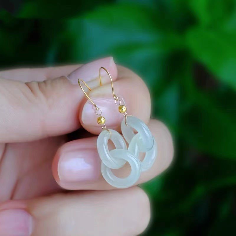 925 Silver Hetian Jade Interlocking Hoop Earrings – Classic Chinese Style, Gold - Plated Accents - STAR8S