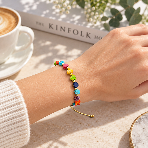 adjustable rainbow heart bead cord bracelet with gold-tone accents