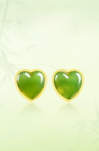 Spinach Green Natural Hetian Jade Heart Earrings - S925 Silver Setting with Minimalist Design