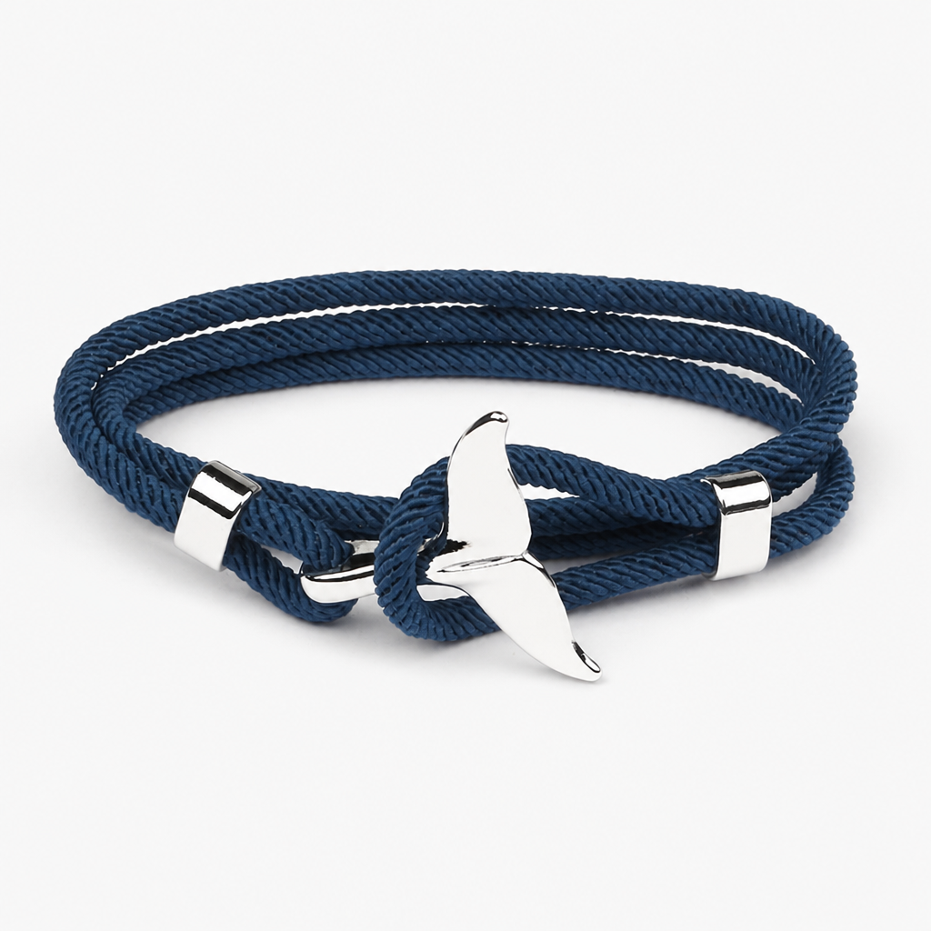 navy whale tail wrap bracelet, electroplated alloy and braided milan cord, adjustable ocean-inspired couple bracelet
