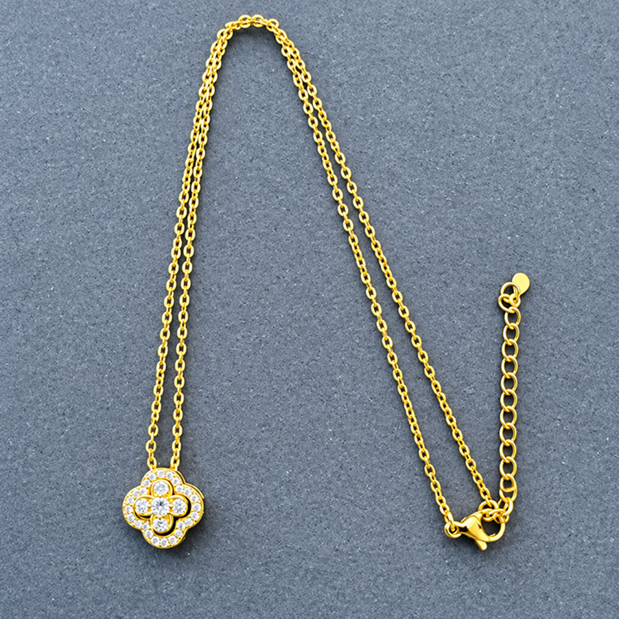convertible four-leaf clover brass necklace for women – gold-plated lucky crystal pendant, dainty choker with adjustable link chain, valentine's day jewelry gift for her