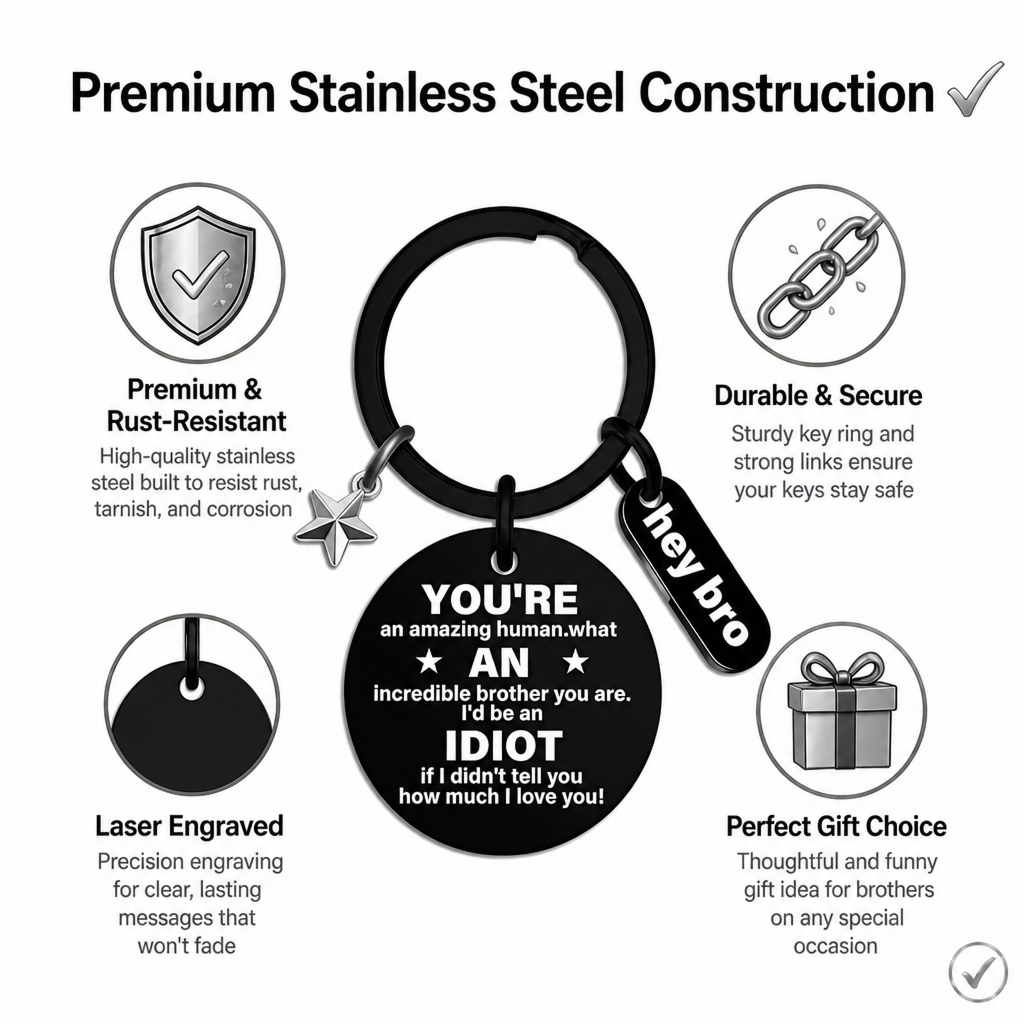 funny brother keychain gift from sister brother stainless steel black engraved round key ring charm pendant with star hey bro sign birthday graduation christmas motivational gag gift for men teens 1.17" 13.5g