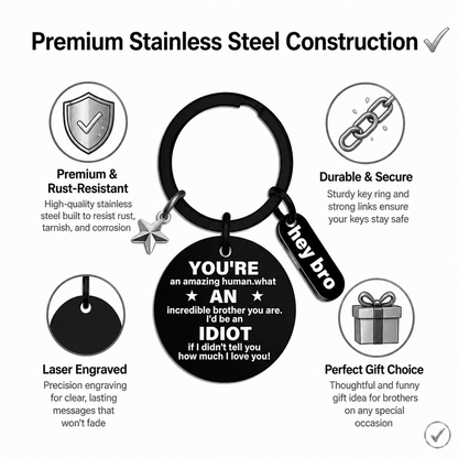 Funny Brother Keychain Gift from Sister Brother Stainless Steel Black Engraved Round Key Ring Charm Pendant with Star Hey Bro Sign Birthday Graduation Christmas Motivational Gag Gift for Men Teens 1.17" 13.5g