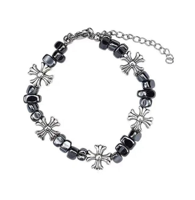gothic cross beaded bracelet for men women natural black hematite stone irregular tumbled beads bracelet y2k hip hop punk rock wristband retro chrome floral crosses jewelry gif