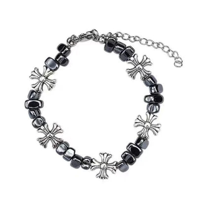 Gothic Cross Beaded Bracelet for Men Women Natural Black Hematite Stone Irregular Tumbled Beads Bracelet Y2K Hip Hop Punk Rock Wristband Retro Chrome Floral Crosses Jewelry Gif