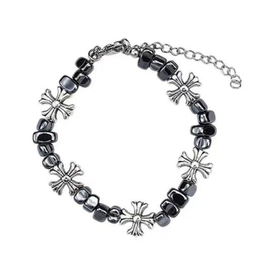 Gothic Cross Beaded Bracelet for Men Women Natural Black Hematite Stone Irregular Tumbled Beads Bracelet Y2K Hip Hop Punk Rock Wristband Retro Chrome Floral Crosses Jewelry Gif