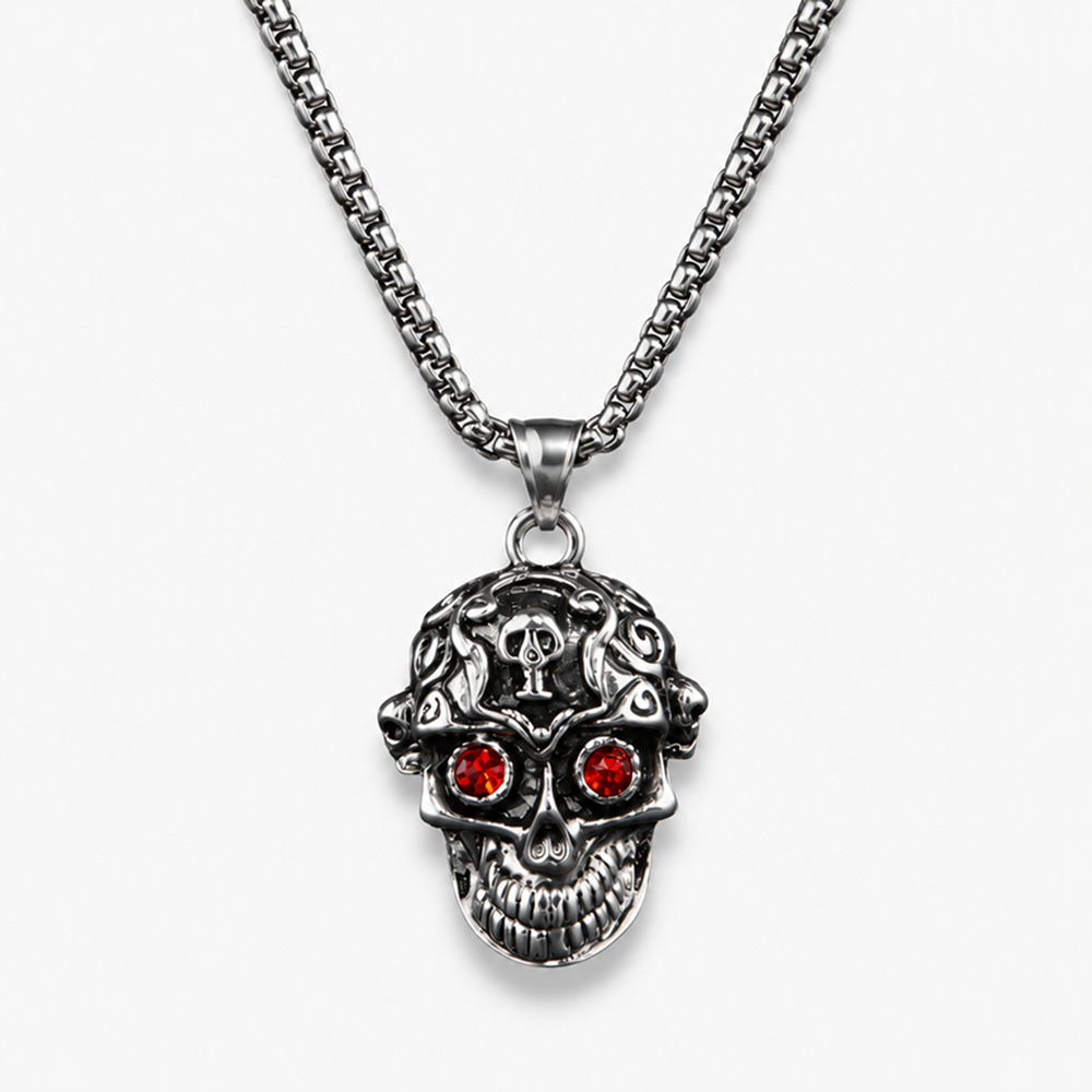 men's stainless steel skull pendant necklace with red eye accents