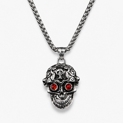 Men's Stainless Steel Skull Pendant Necklace with Red Eye Accents