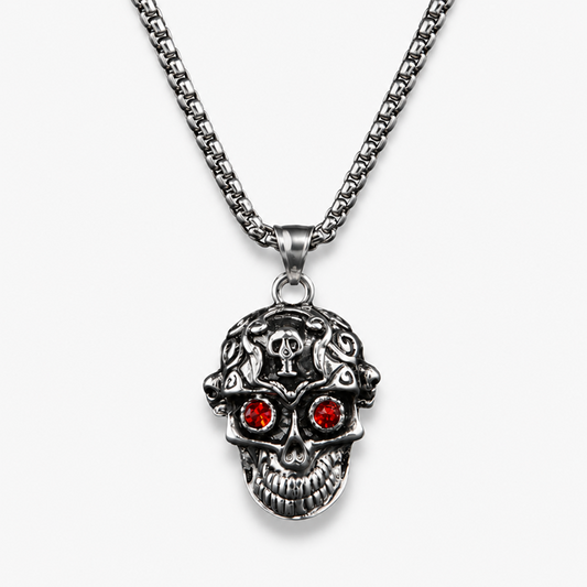 Men's Stainless Steel Skull Pendant Necklace with Red Eye Accents