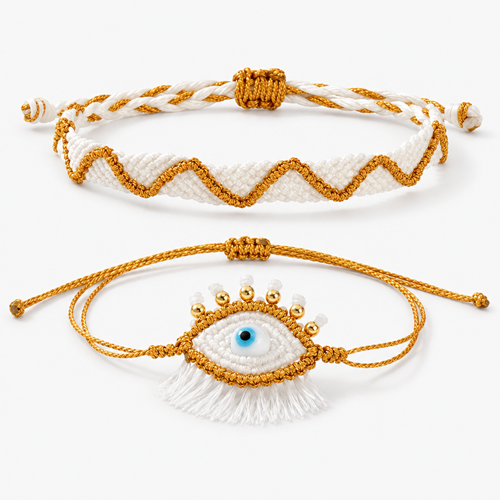 white and gold-tone evil eye bracelet set with tassel detail and adjustable sliding knots, 2 pieces