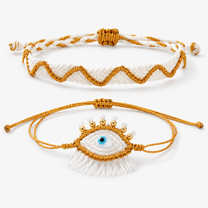 White and Gold-Tone Evil Eye Bracelet Set with Tassel Detail and Adjustable Sliding Knots, 2 Pieces