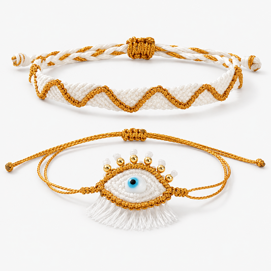 White and Gold-Tone Evil Eye Bracelet Set with Tassel Detail and Adjustable Sliding Knots, 2 Pieces