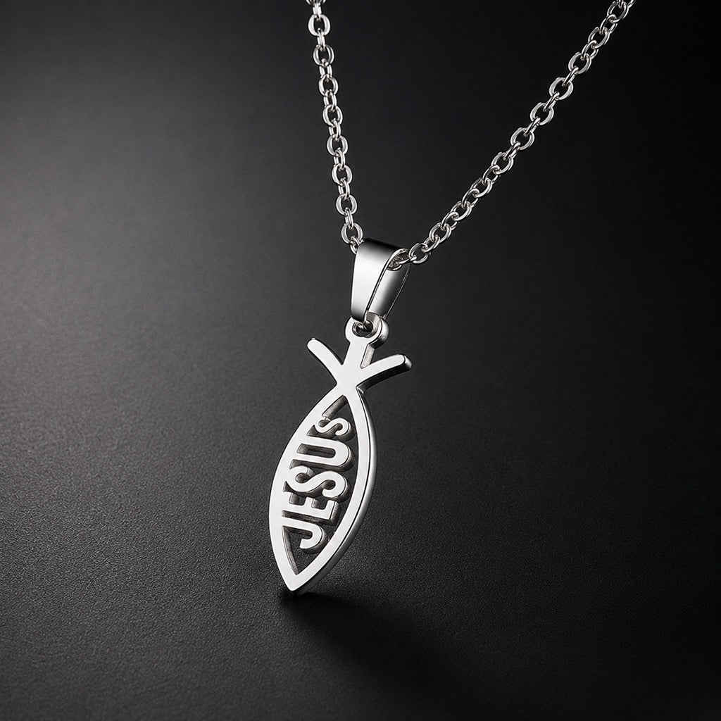 stainless steel jesus fish pendant necklace for women men ichthys christian necklace religious faith jewelry gift titanium steel holy symbol o-chain choker comfort fit silver tone