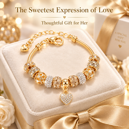 Gold-Tone Heart Charm Bracelet with Decorative Beads and Adjustable Extender