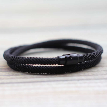 Men's Double Wrap Bracelet Navy Blue Milan Rope Cord Wristband Matte Black Alloy Magnetic Clasp Unisex Minimalist Surf Beach Nautical Jewelry Layering Cuff