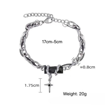 Titanium Steel Black Cubic Zirconia Cross Chain Bracelet for Men Women Layered Cable Curb Link Wristband Gothic Punk Cross Charm Jewelry Eboy Egirl Y2K Aesthetic Gift