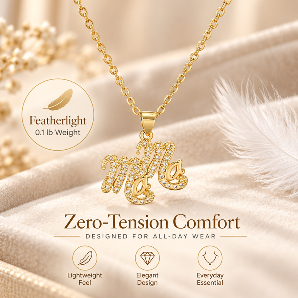 gold-plated brass mama pendant necklace with sparkling details and adjustable extender