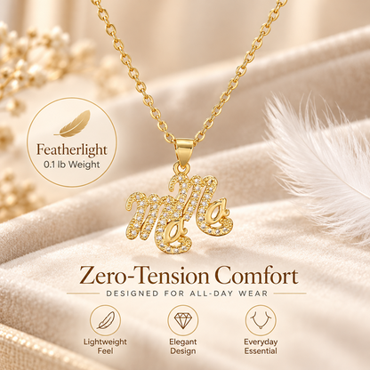 Gold-Plated Brass MAMA Pendant Necklace with Sparkling Details and Adjustable Extender