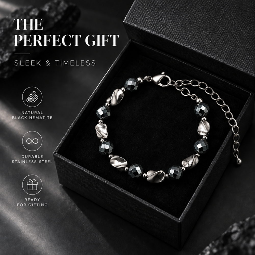 black hematite beaded bracelet for men and women, geometric faceted round beads with polished silver-tone twisted accents, lobster clasp and adjustable extension chain, modern minimalist style for everyday streetwear, watch stacking and casual outfit