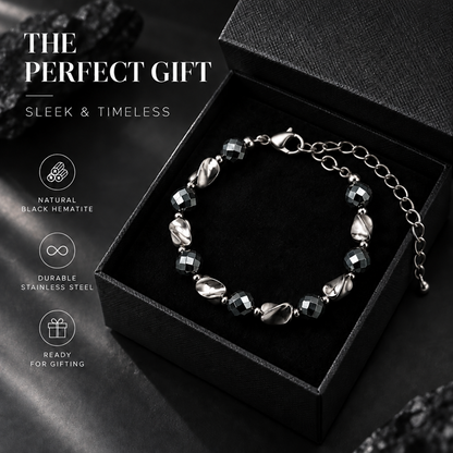 Black Hematite Beaded Bracelet for Men and Women, Geometric Faceted Round Beads with Polished Silver-Tone Twisted Accents, Lobster Clasp and Adjustable Extension Chain, Modern Minimalist Style for Everyday Streetwear, Watch Stacking and Casual Outfit